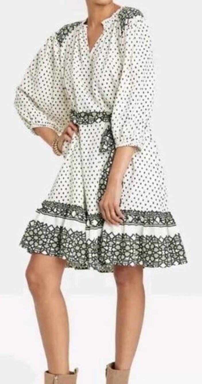 Knox Rose Women's Cream Green A-Line 3/4 Sleeves Polka Dot Pockets Plus Dress 3X